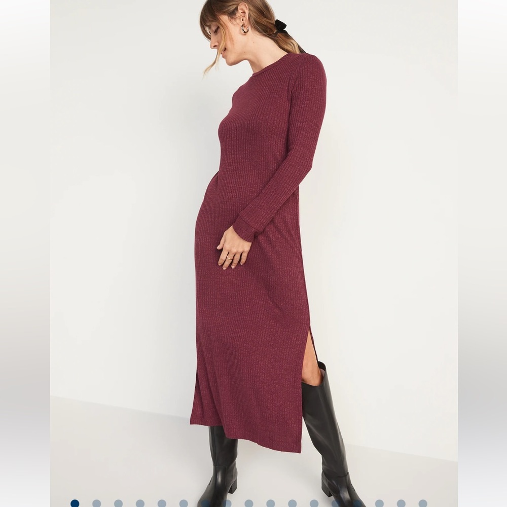 Rib-Knit Long-Sleeve Maxi Shift Dress for Women Size S Tall